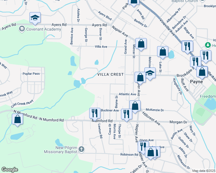 map of restaurants, bars, coffee shops, grocery stores, and more near 4110 Forest Avenue West in Macon