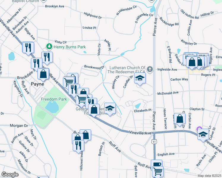 map of restaurants, bars, coffee shops, grocery stores, and more near 278 Wesley Circle in Macon