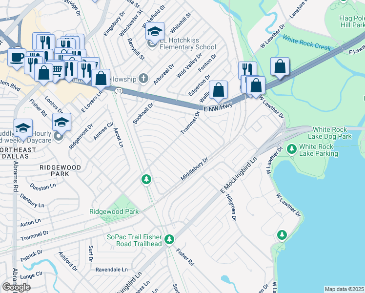 map of restaurants, bars, coffee shops, grocery stores, and more near 7219 Haverford Road in Dallas
