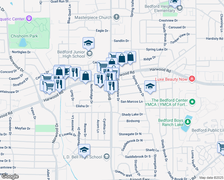 map of restaurants, bars, coffee shops, grocery stores, and more near 2800 Brown Trail in Bedford