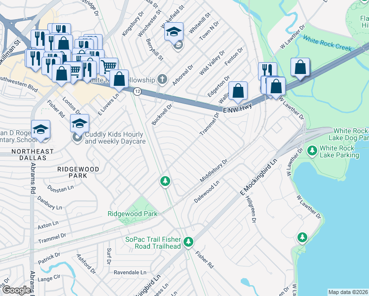map of restaurants, bars, coffee shops, grocery stores, and more near 7159 Bennington Drive in Dallas