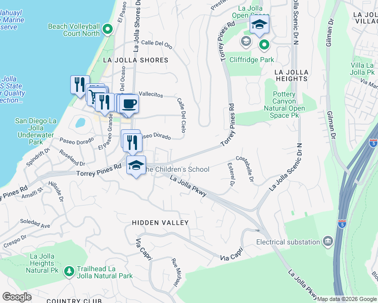 map of restaurants, bars, coffee shops, grocery stores, and more near 2510 Torrey Pines Road in San Diego