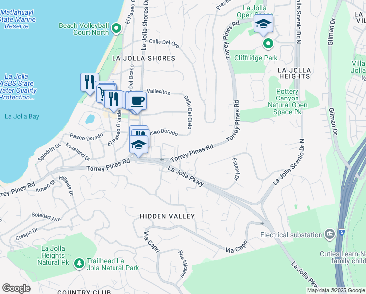 map of restaurants, bars, coffee shops, grocery stores, and more near 2408 Torrey Pines Road in San Diego