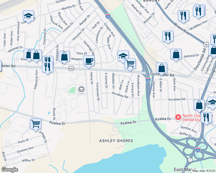 map of restaurants, bars, coffee shops, grocery stores, and more near 2729 E Surrey Dr in Charleston
