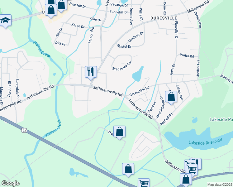 map of restaurants, bars, coffee shops, grocery stores, and more near 2130 Jeffersonville Road in Macon