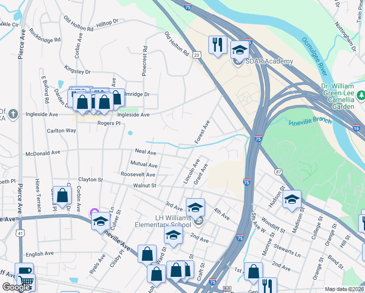 map of restaurants, bars, coffee shops, grocery stores, and more near 432 Forest Avenue in Macon