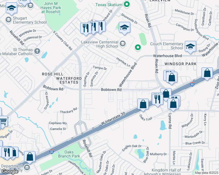 map of restaurants, bars, coffee shops, grocery stores, and more near 3307 Bobtown Road in Garland