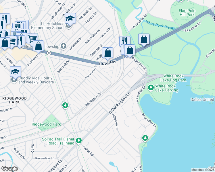 map of restaurants, bars, coffee shops, grocery stores, and more near 7339 Lehigh Drive in Dallas