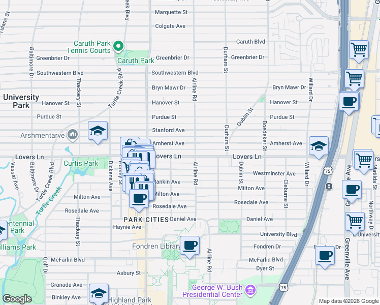 map of restaurants, bars, coffee shops, grocery stores, and more near 3200 Lovers Lane in Dallas