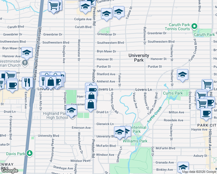 map of restaurants, bars, coffee shops, grocery stores, and more near 4044 Lovers Lane in Dallas