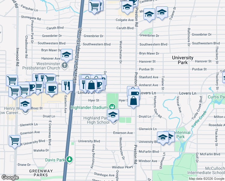 map of restaurants, bars, coffee shops, grocery stores, and more near 4208 Lovers Lane in Dallas