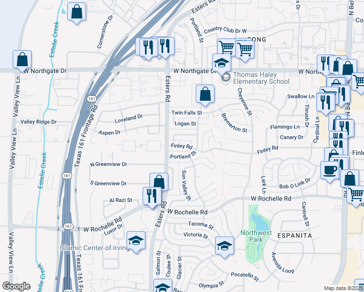 map of restaurants, bars, coffee shops, grocery stores, and more near 4109 Finley Road in Irving