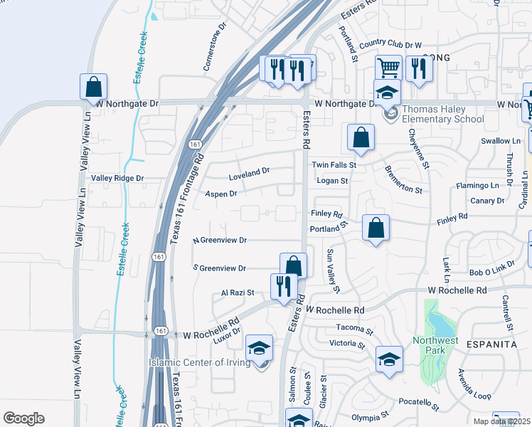 map of restaurants, bars, coffee shops, grocery stores, and more near 3339 Esters Road in Irving