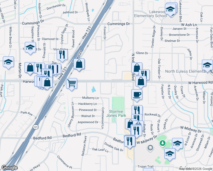 map of restaurants, bars, coffee shops, grocery stores, and more near 3800 Harwood Road in Bedford