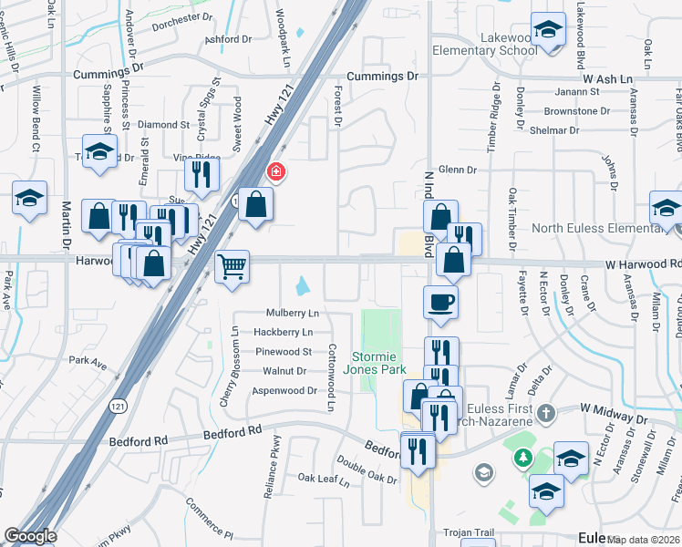 map of restaurants, bars, coffee shops, grocery stores, and more near 3813 East Harwood Road in Bedford