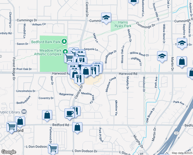 map of restaurants, bars, coffee shops, grocery stores, and more near 2816 Central Drive in Bedford