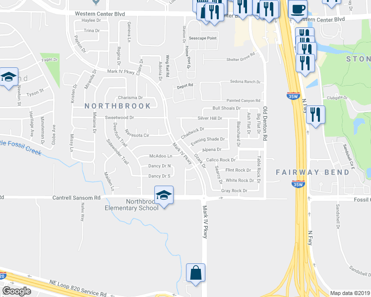 map of restaurants, bars, coffee shops, grocery stores, and more near 5905 Ozark Drive in Fort Worth