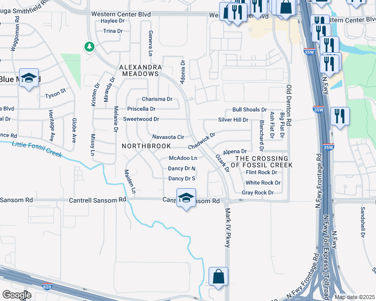 map of restaurants, bars, coffee shops, grocery stores, and more near 2456 Chadwick Drive in Fort Worth