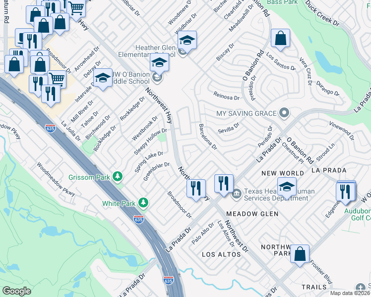 map of restaurants, bars, coffee shops, grocery stores, and more near 730 Trend Drive in Garland