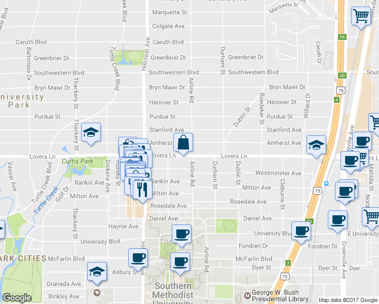 map of restaurants, bars, coffee shops, grocery stores, and more near 3200 Lovers Lane in Dallas