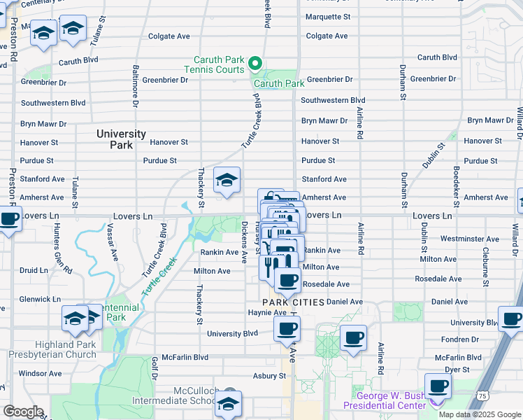 map of restaurants, bars, coffee shops, grocery stores, and more near 3436 Lovers Lane in Dallas