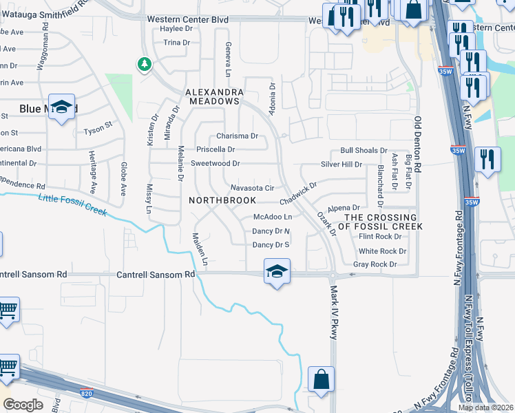 map of restaurants, bars, coffee shops, grocery stores, and more near 2428 Chadwick Dr in Fort Worth