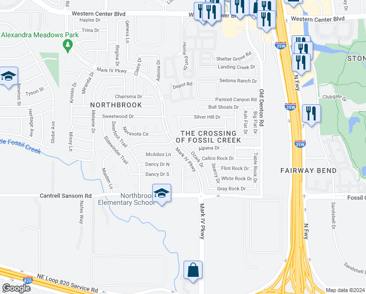 map of restaurants, bars, coffee shops, grocery stores, and more near 5901 Ozark Drive in Fort Worth
