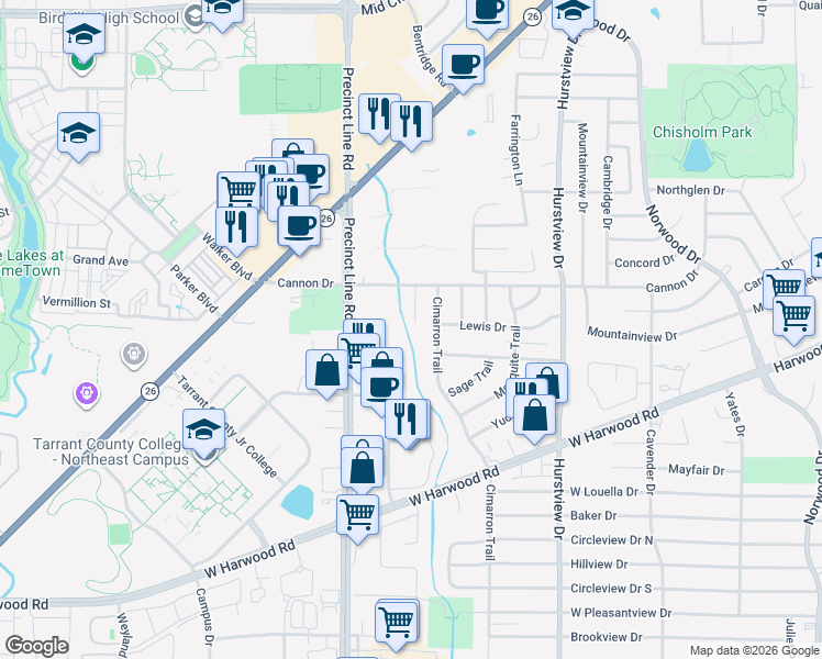 map of restaurants, bars, coffee shops, grocery stores, and more near 2001 Lorean Court in Hurst