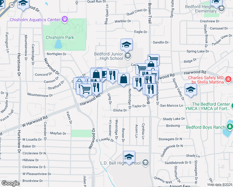 map of restaurants, bars, coffee shops, grocery stores, and more near 435 Sunny Brook Court in Bedford