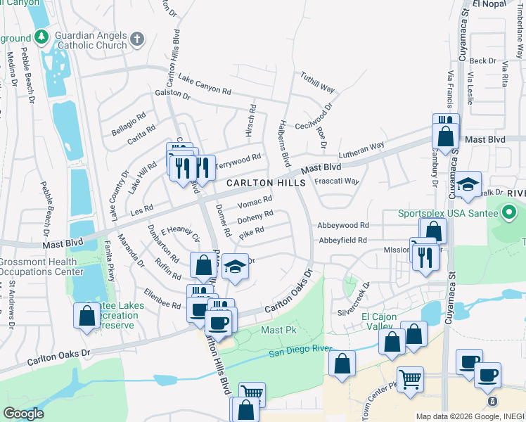 map of restaurants, bars, coffee shops, grocery stores, and more near 9447 Wharton Road in Santee