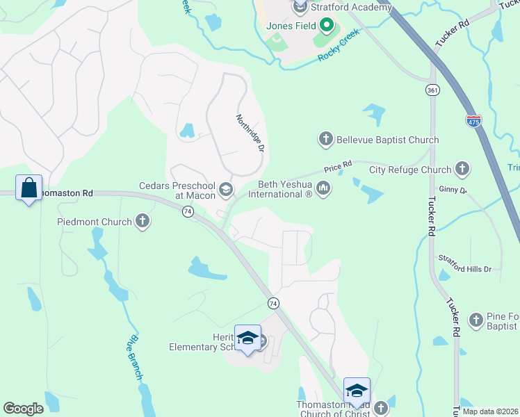 map of restaurants, bars, coffee shops, grocery stores, and more near 6016 Price Road in Macon