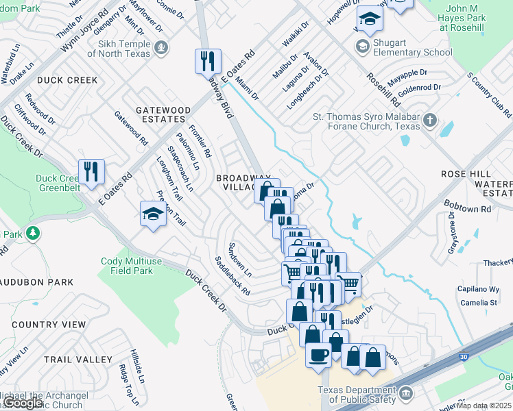 map of restaurants, bars, coffee shops, grocery stores, and more near 412 Menlo Park Drive in Garland