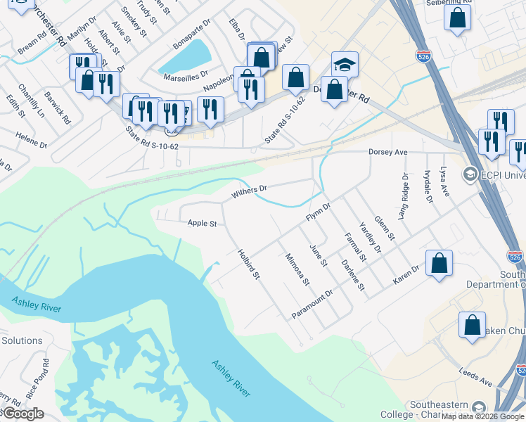 map of restaurants, bars, coffee shops, grocery stores, and more near 4820 Parker Drive in North Charleston