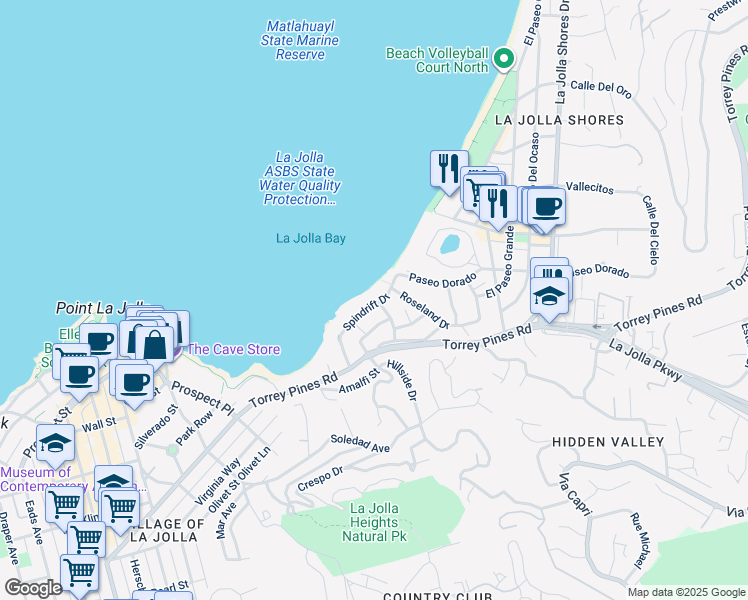 map of restaurants, bars, coffee shops, grocery stores, and more near 1900 Spindrift Drive in San Diego