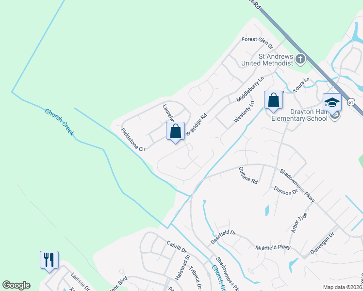 map of restaurants, bars, coffee shops, grocery stores, and more near 7179 Windmill Creek Road in Charleston
