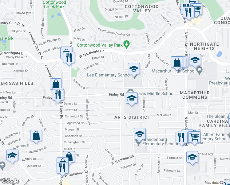 map of restaurants, bars, coffee shops, grocery stores, and more near 1815 Finley Road in Irving