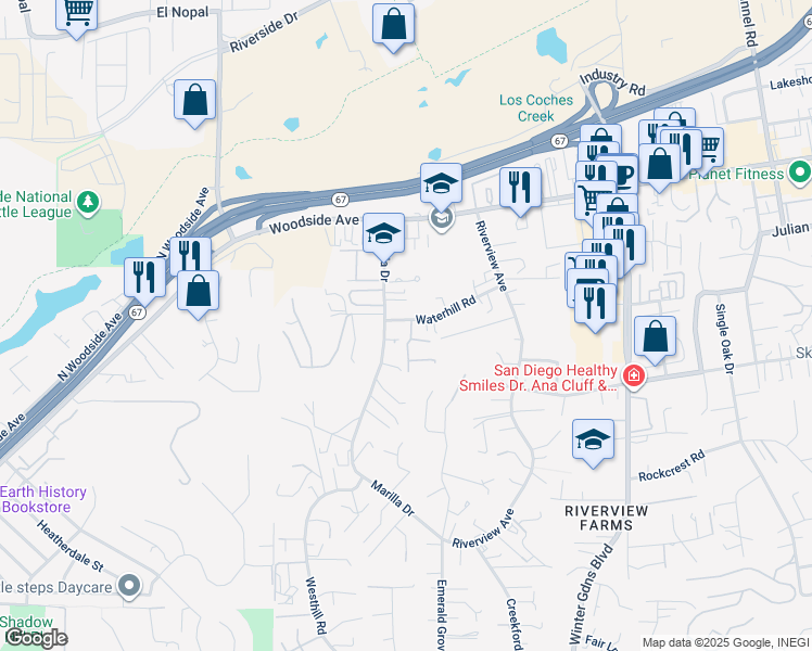 map of restaurants, bars, coffee shops, grocery stores, and more near 11723 Waterhill Road in Lakeside