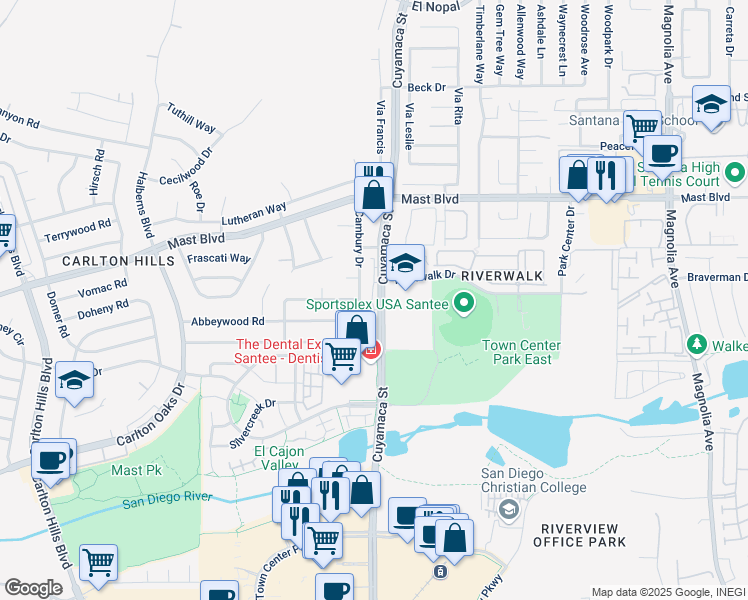 map of restaurants, bars, coffee shops, grocery stores, and more near 9600 Cuyamaca Street in Santee