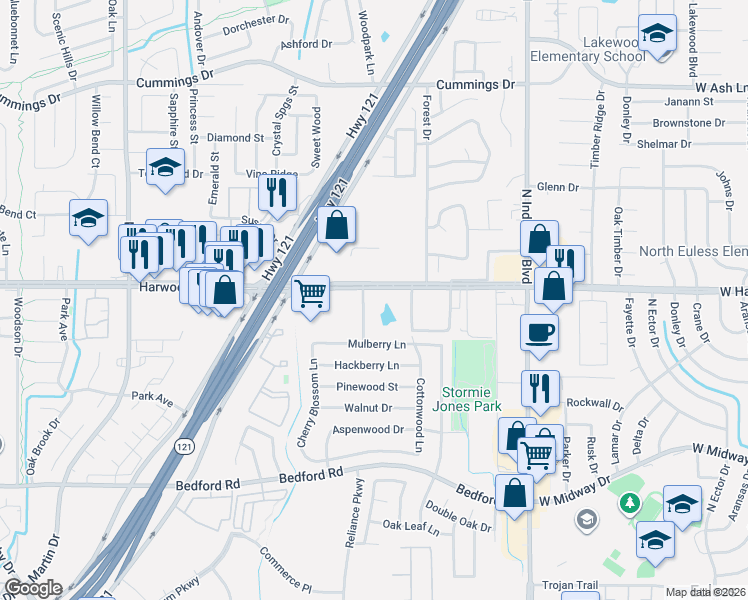 map of restaurants, bars, coffee shops, grocery stores, and more near 3708 Harwood Road in Bedford