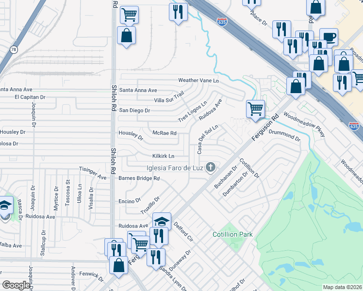 map of restaurants, bars, coffee shops, grocery stores, and more near 3054 Housley Drive in Dallas