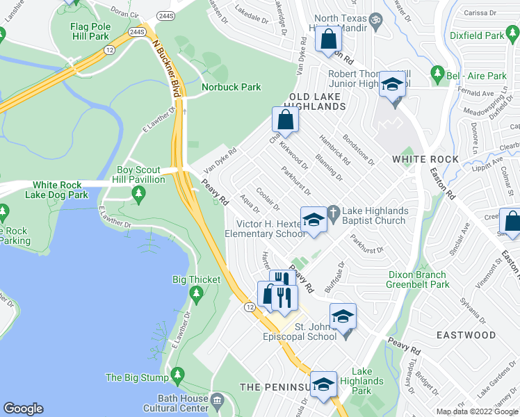 map of restaurants, bars, coffee shops, grocery stores, and more near 540 Aqua Drive in Dallas