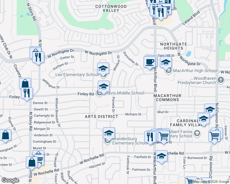 map of restaurants, bars, coffee shops, grocery stores, and more near 1517 Finley Road in Irving