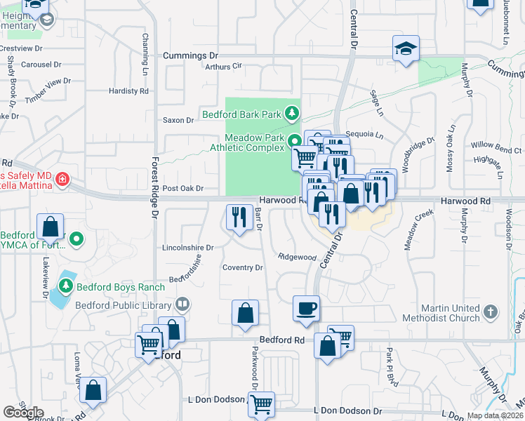 map of restaurants, bars, coffee shops, grocery stores, and more near 2300 Ridgewood in Bedford