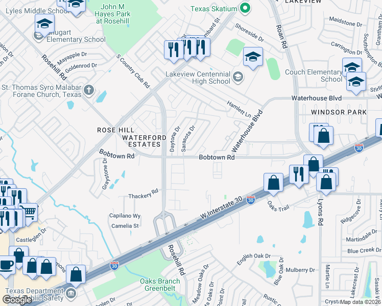 map of restaurants, bars, coffee shops, grocery stores, and more near 5322 Pensacola Drive in Garland