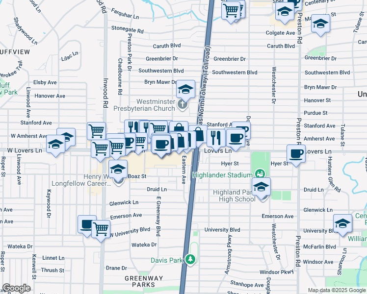 map of restaurants, bars, coffee shops, grocery stores, and more near 5725 West Lovers Lane in Dallas