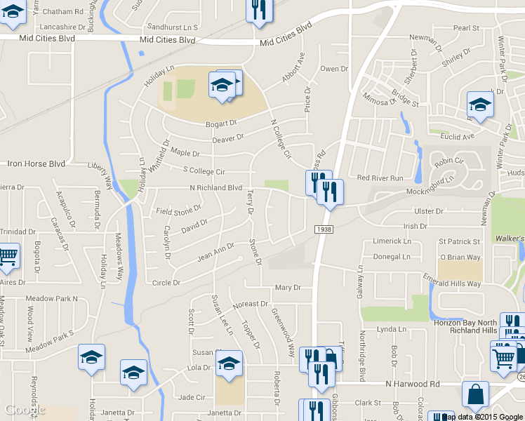 map of restaurants, bars, coffee shops, grocery stores, and more near 5901 Crestwood Circle West in Fort Worth