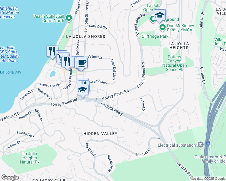 map of restaurants, bars, coffee shops, grocery stores, and more near 2500 Torrey Pines Road in San Diego