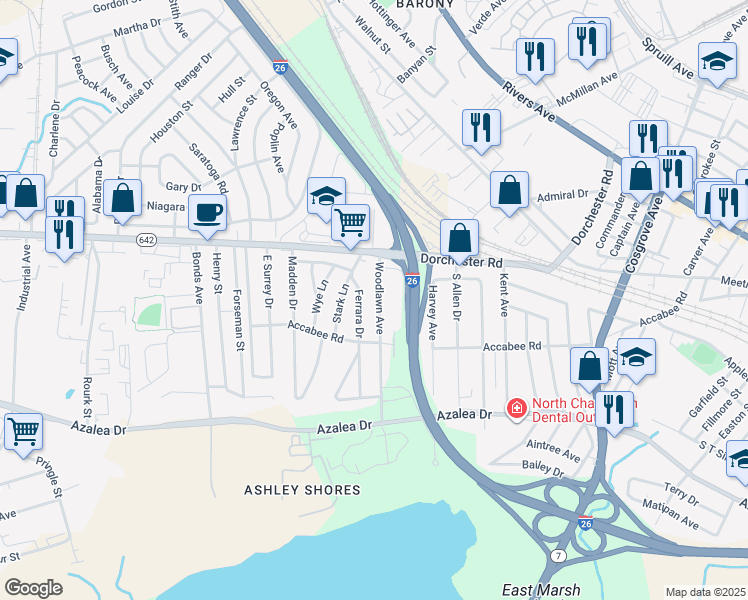 map of restaurants, bars, coffee shops, grocery stores, and more near 2620 Woodlawn Avenue in North Charleston