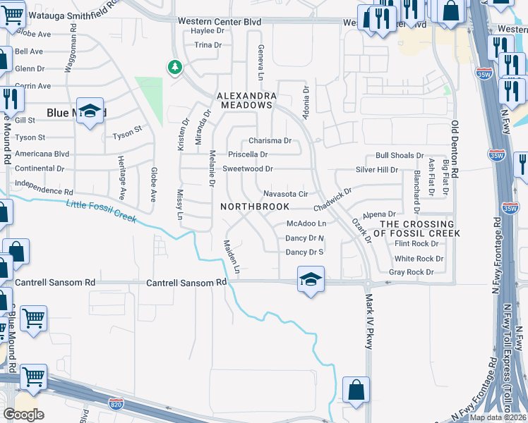 map of restaurants, bars, coffee shops, grocery stores, and more near 2401 Chadwick Drive in Fort Worth