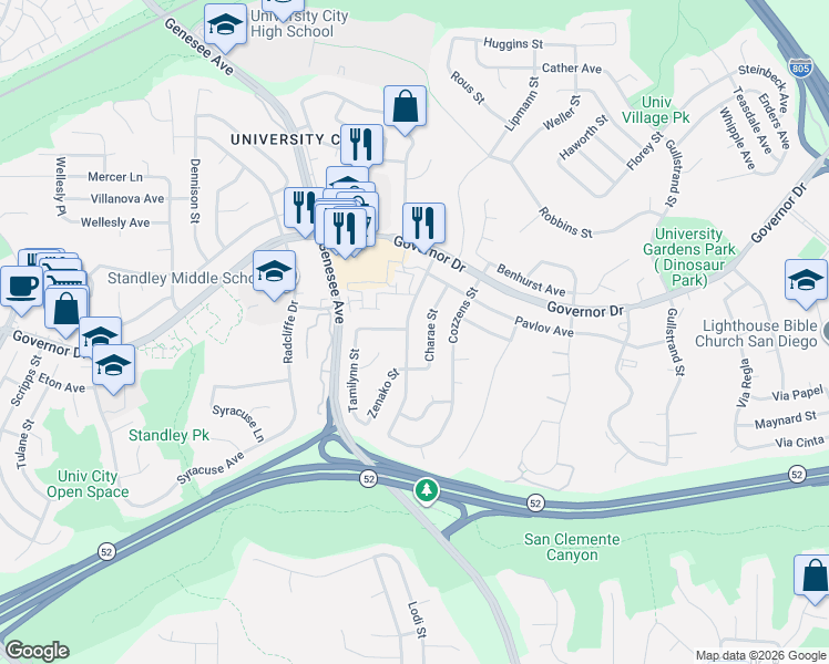 map of restaurants, bars, coffee shops, grocery stores, and more near 6095 Agee Street in San Diego